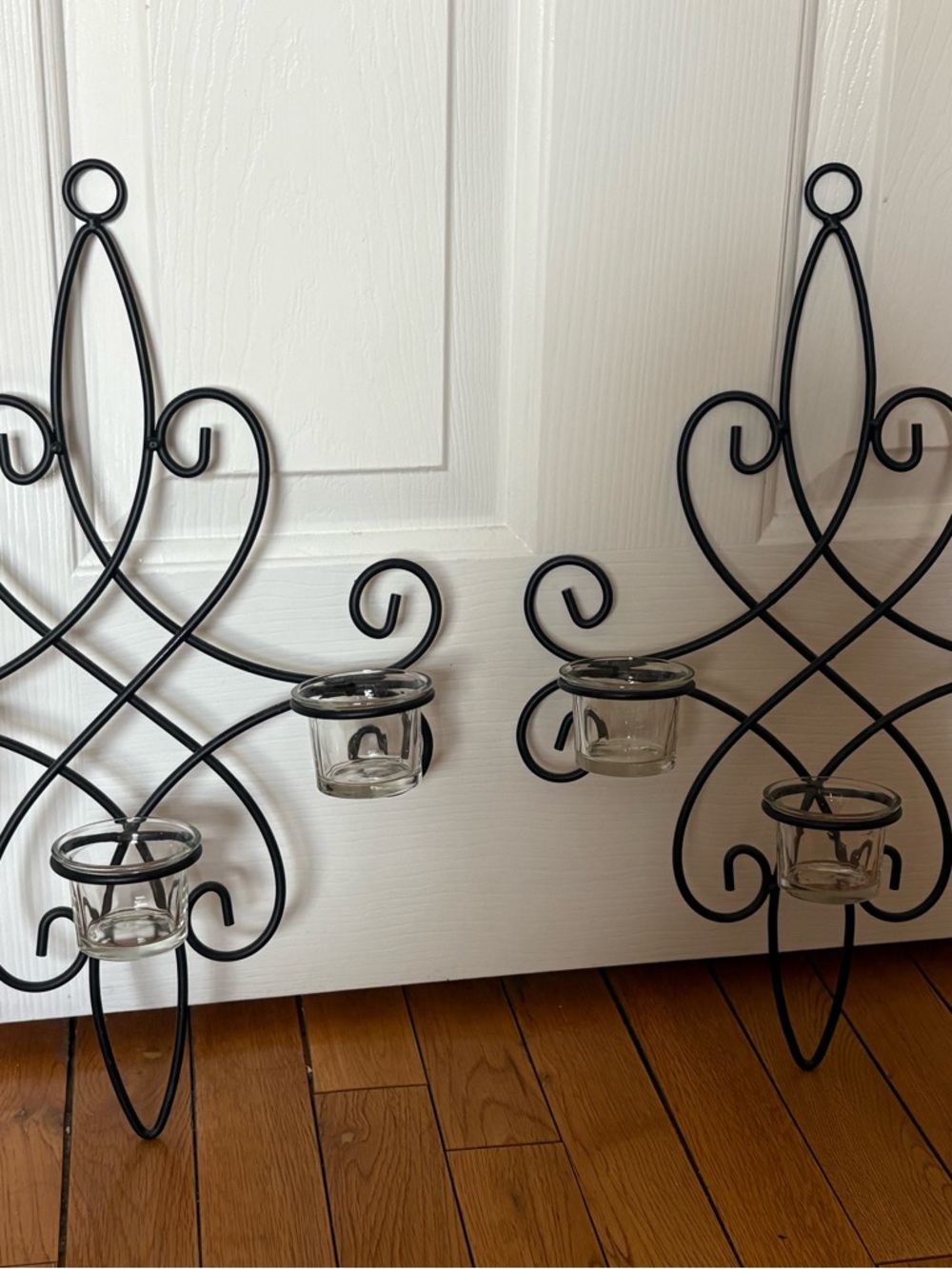 Decorative Black Metal Wall Candle Holders with Glass Votives - Set of 2